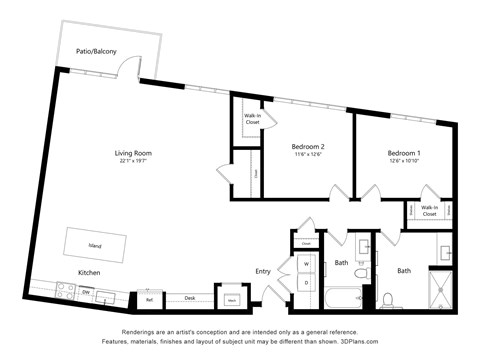Floor plan for 2 beds, 2 baths, 1496 sqft